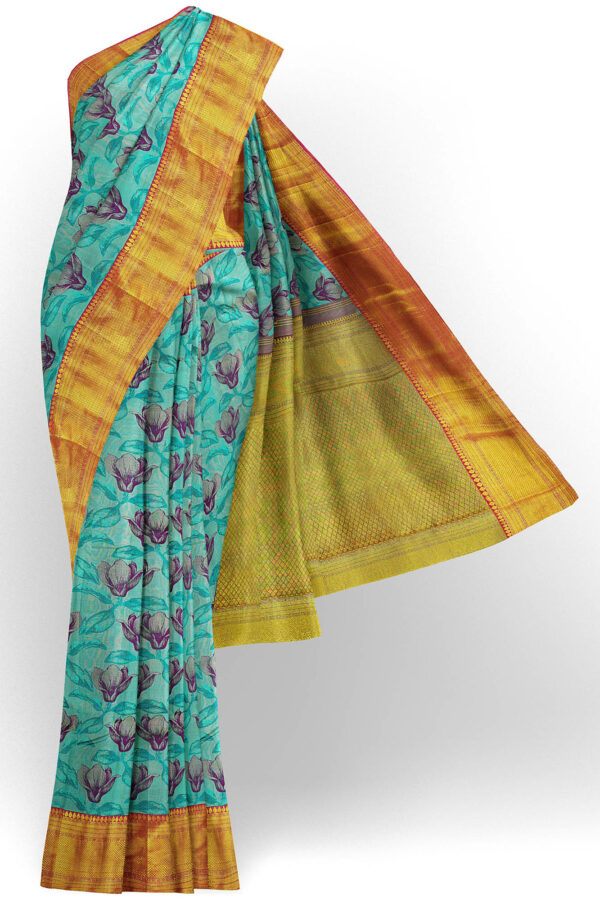 sri kumaran stores kanchipuram silk saree sky blue floral saree with golden red border 2
