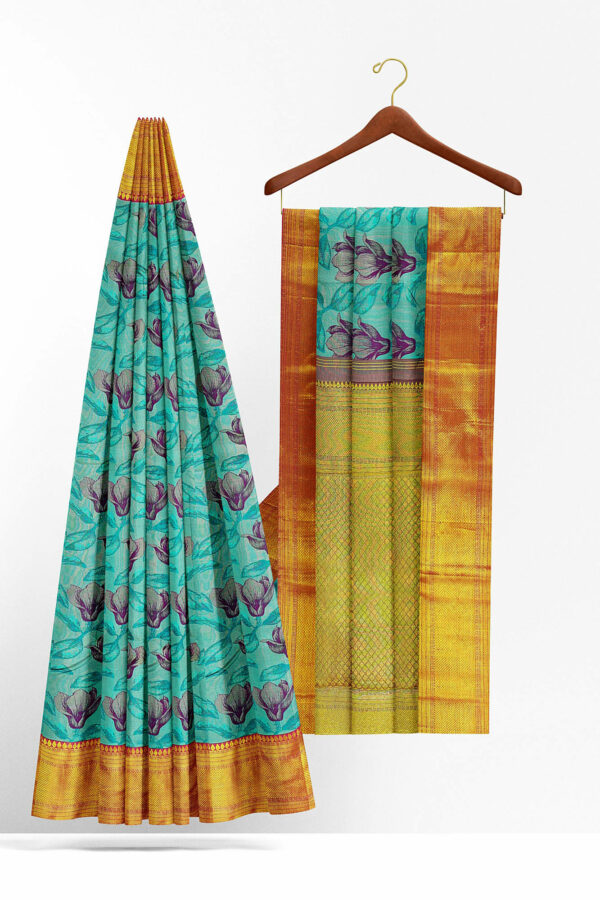 sri kumaran stores kanchipuram silk saree sky blue floral saree with golden red border 3