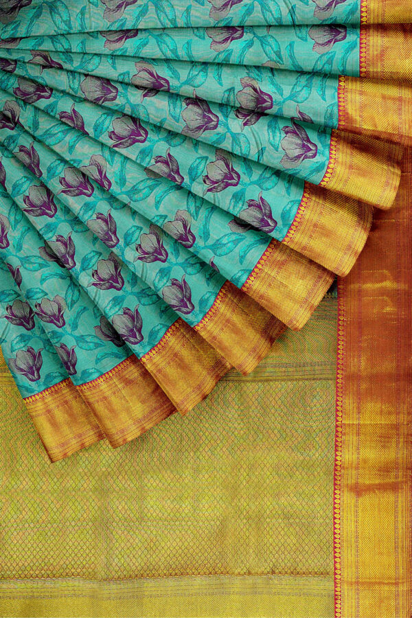 sri kumaran stores kanchipuram silk saree sky blue floral saree with golden red border 4