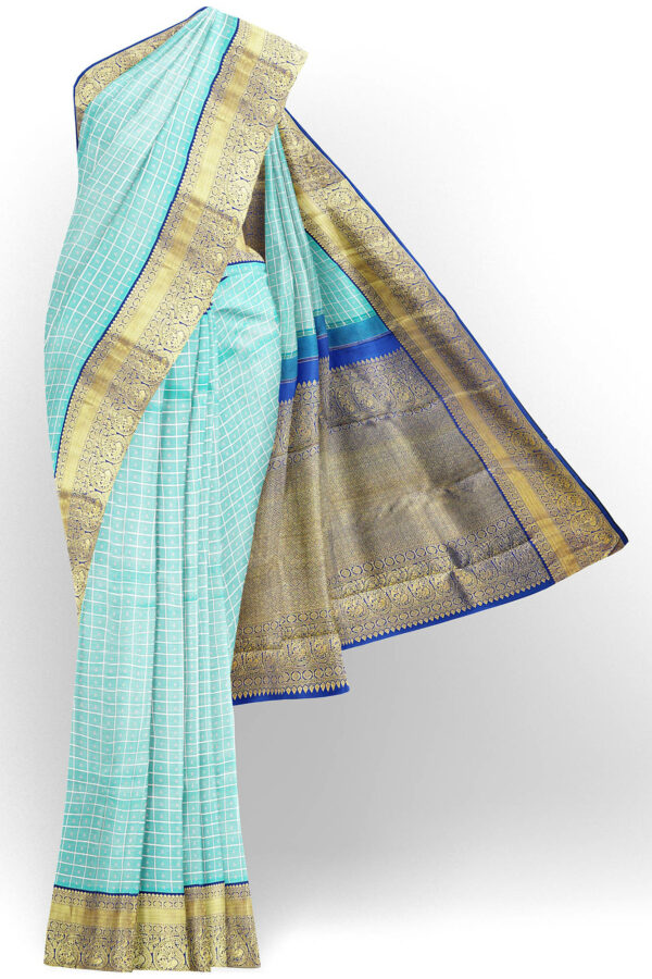 sri kumaran stores kanchipuram silk saree sky blue saree with golden blue border 2