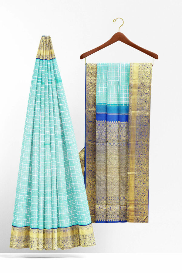sri kumaran stores kanchipuram silk saree sky blue saree with golden blue border 3