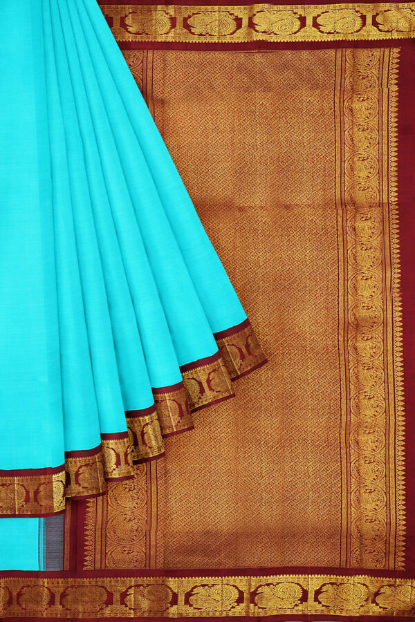 sri kumaran stores kanchipuram silk saree sky blue saree with golden maroon border 1