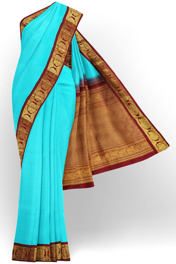 sri kumaran stores kanchipuram silk saree sky blue saree with golden maroon border 2
