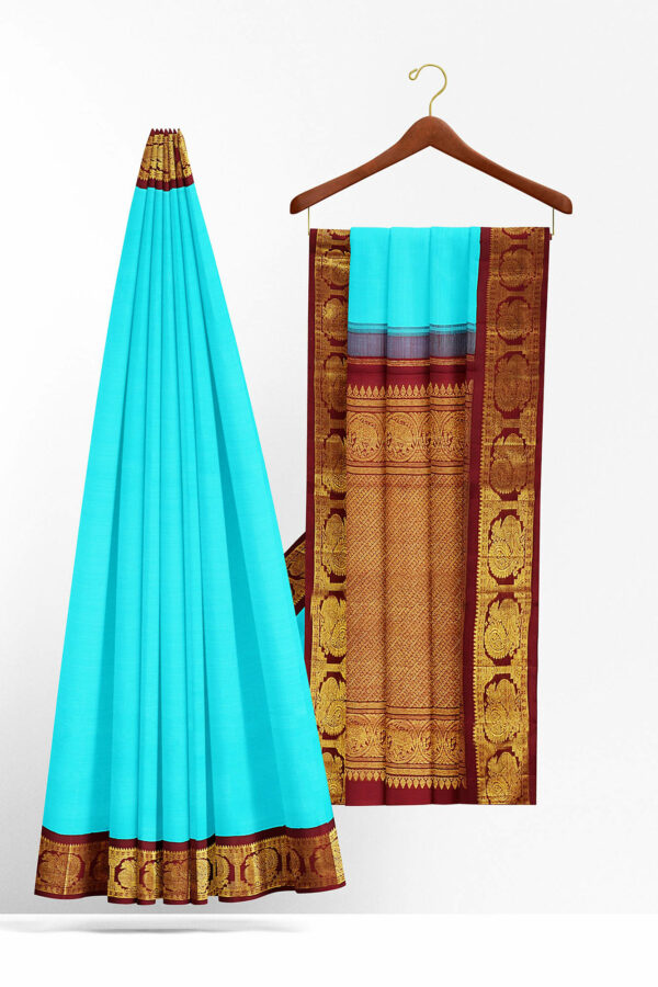 sri kumaran stores kanchipuram silk saree sky blue saree with golden maroon border 3