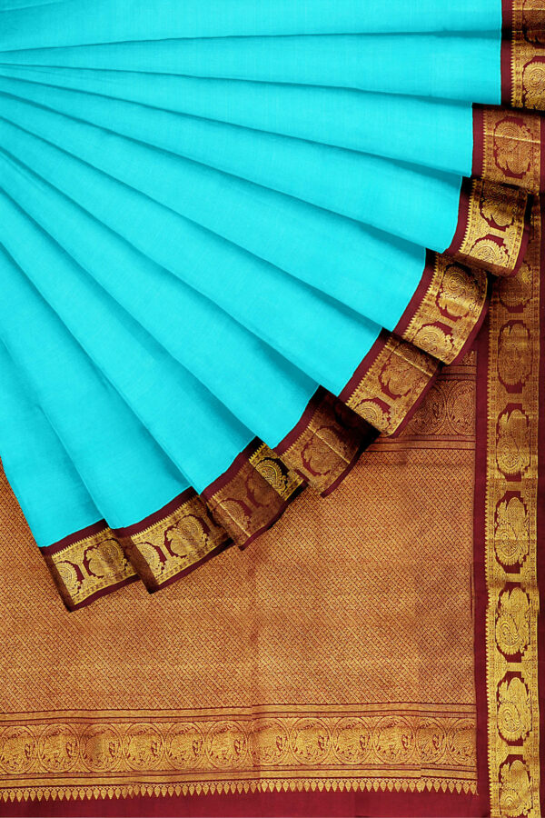 sri kumaran stores kanchipuram silk saree sky blue saree with golden maroon border 4