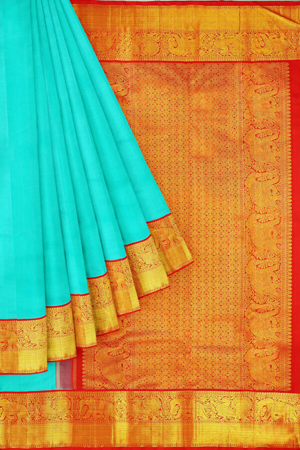 sri kumaran stores kanchipuram silk saree sky blue saree with golden red border 1