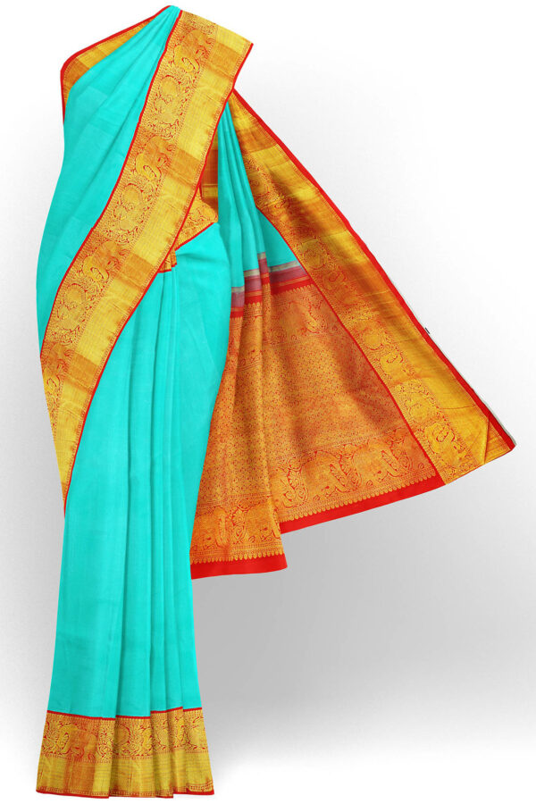 sri kumaran stores kanchipuram silk saree sky blue saree with golden red border 2