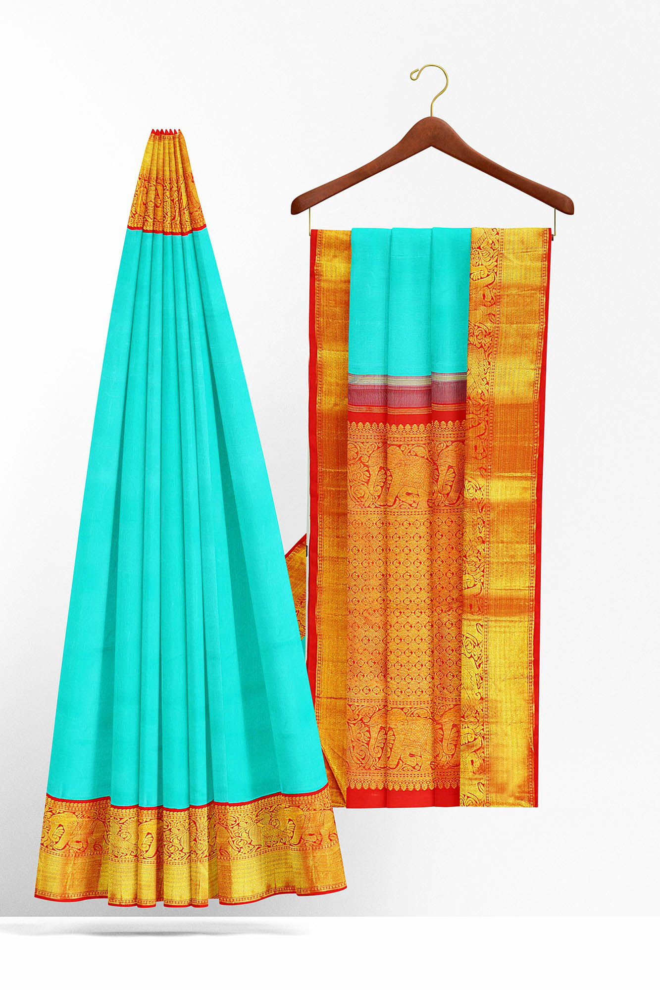 sri kumaran stores kanchipuram silk saree sky blue saree with golden red border 3