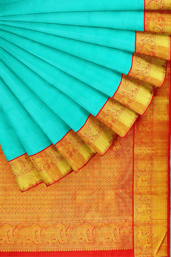 sri kumaran stores kanchipuram silk saree sky blue saree with golden red border 4