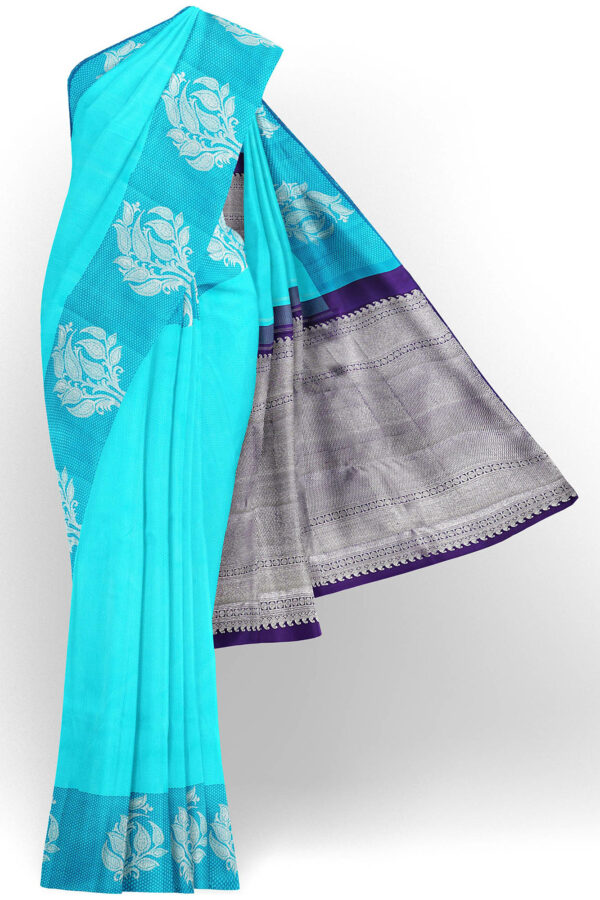 sri kumaran stores kanchipuram silk saree sky blue saree with silver blue border 2