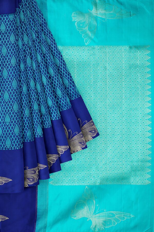 sri kumaran stores kanchipuram silk saree turquoise blue design saree with dark blue border 1