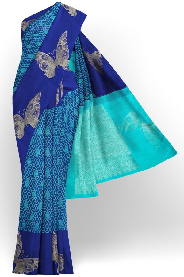sri kumaran stores kanchipuram silk saree turquoise blue design saree with dark blue border 2