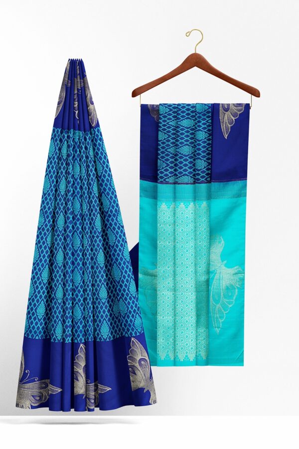 sri kumaran stores kanchipuram silk saree turquoise blue design saree with dark blue border 3