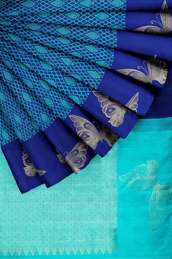 sri kumaran stores kanchipuram silk saree turquoise blue design saree with dark blue border 4