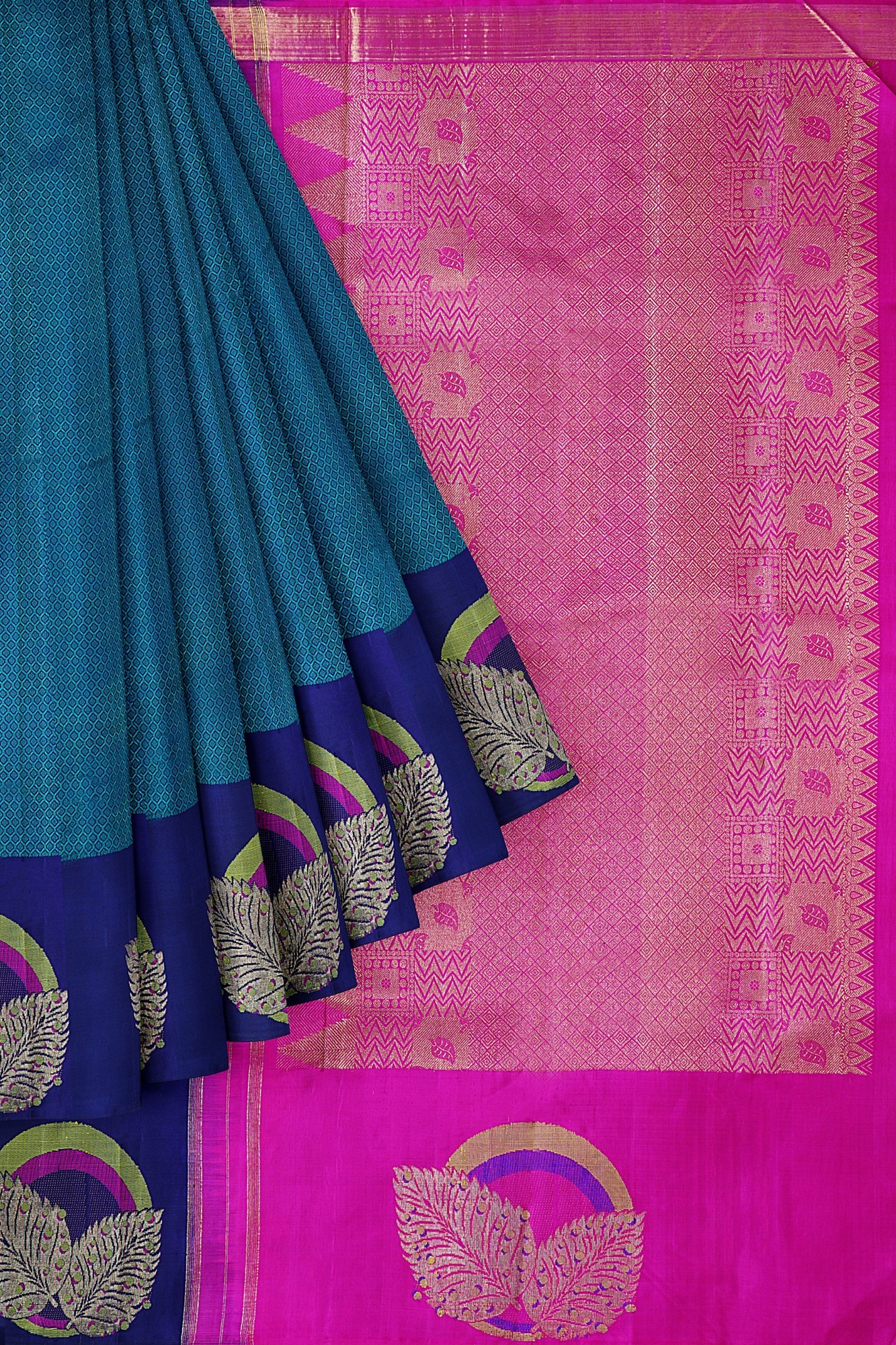 sri kumaran stores kanchipuram silk saree turquoise blue saree with dark blue border 1