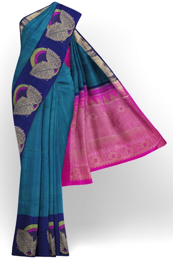 sri kumaran stores kanchipuram silk saree turquoise blue saree with dark blue border 2