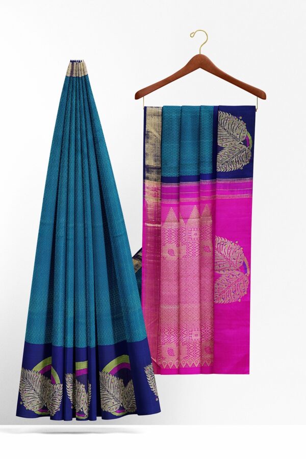 sri kumaran stores kanchipuram silk saree turquoise blue saree with dark blue border 3