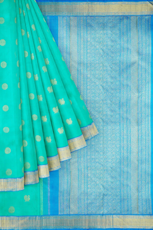 sri kumaran stores kanchipuram silk saree turquoise blue saree with golden blue border 1