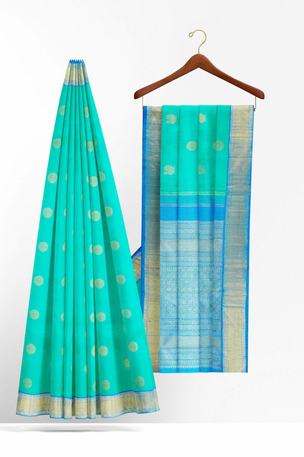 sri kumaran stores kanchipuram silk saree turquoise blue saree with golden blue border 3