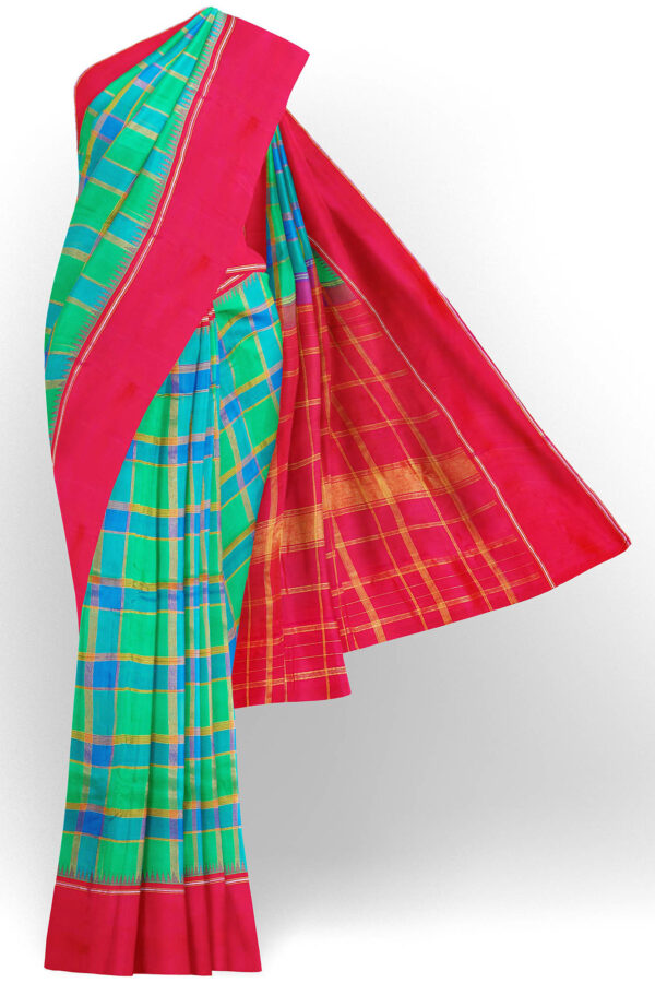 sri kumaran stores kanchipuram silk saree turquoise blue saree with pink border 2