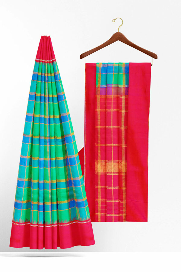sri kumaran stores kanchipuram silk saree turquoise blue saree with pink border 3