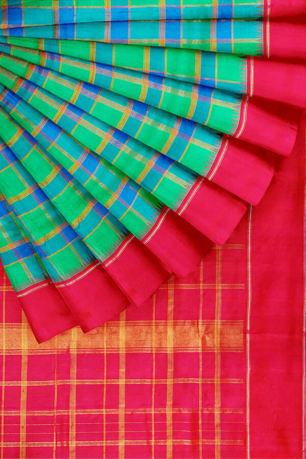 sri kumaran stores kanchipuram silk saree turquoise blue saree with pink border 4