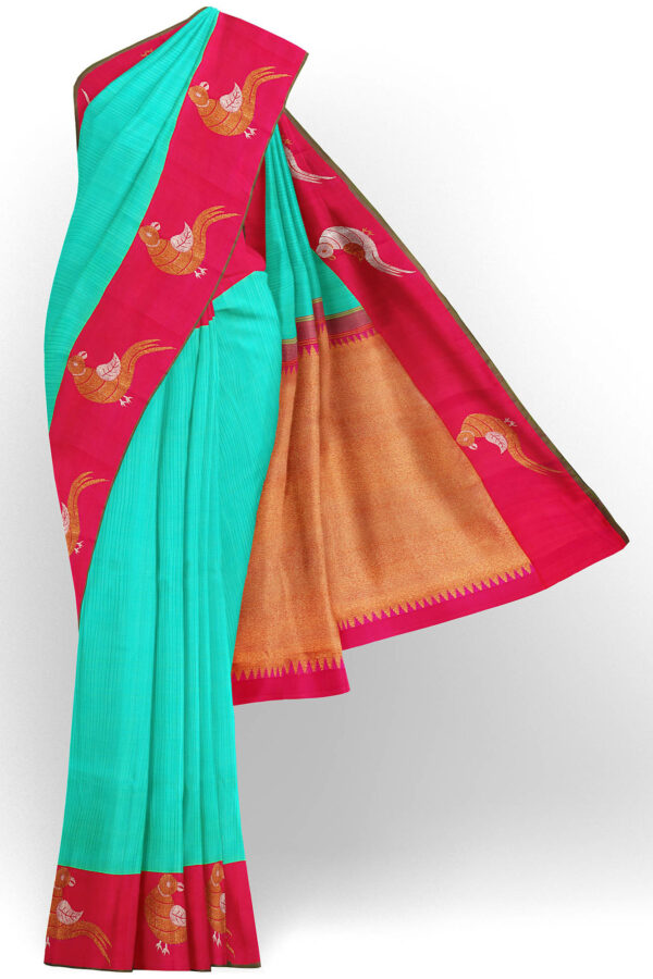 sri kumaran stores kanchipuram silk saree turquoise blue saree with red border 2