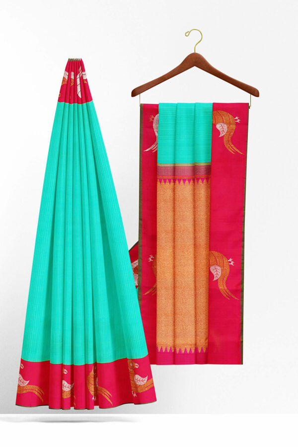 sri kumaran stores kanchipuram silk saree turquoise blue saree with red border 3