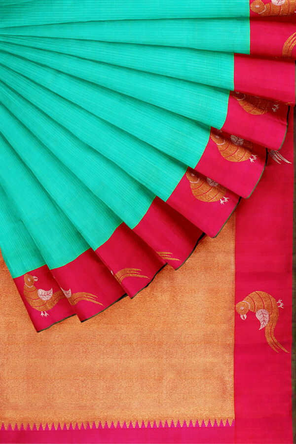 sri kumaran stores kanchipuram silk saree turquoise blue saree with red border 4