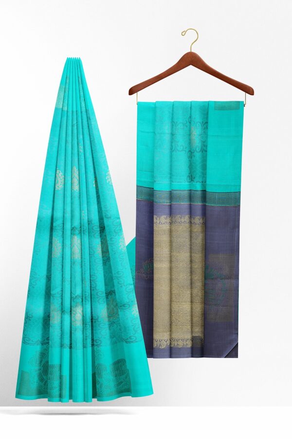 sri kumaran stores kanchipuram silk saree turquoise blue saree with turquoise blue border 3