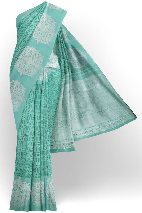 sri kumaran stores kanchipuram silk saree turquoise green saree with silver green border 2