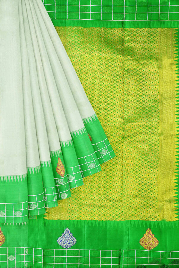 sri kumaran stores kanchipuram silk saree whitish green saree with green border 1