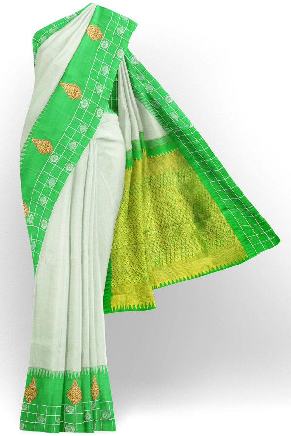 sri kumaran stores kanchipuram silk saree whitish green saree with green border 2