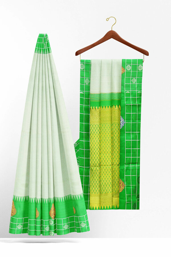 sri kumaran stores kanchipuram silk saree whitish green saree with green border 3