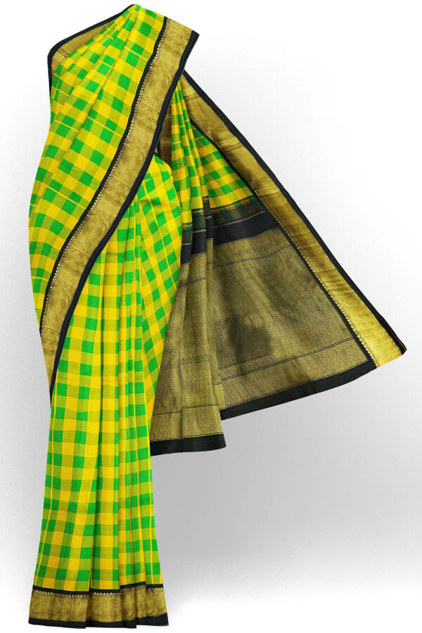 sri kumaran stores kanchipuram silk saree yellow green saree with golden black border 2