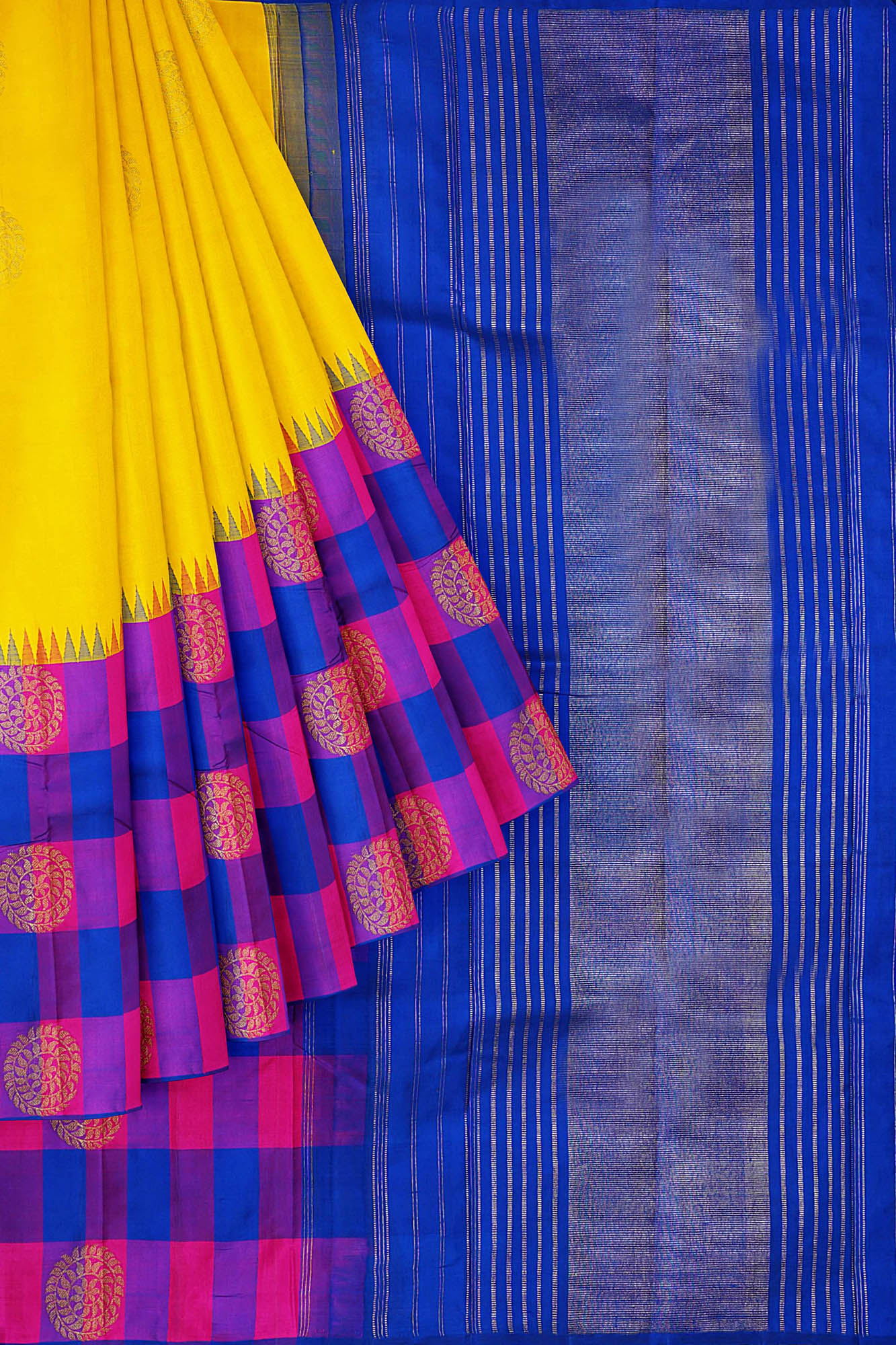 sri kumaran stores kanchipuram silk saree yellow saree with blue pink border 1