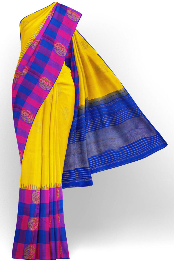 sri kumaran stores kanchipuram silk saree yellow saree with blue pink border 2