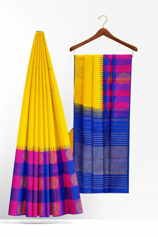 sri kumaran stores kanchipuram silk saree yellow saree with blue pink border 3