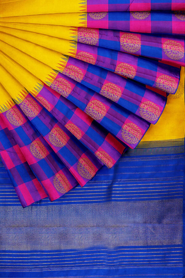 sri kumaran stores kanchipuram silk saree yellow saree with blue pink border 4