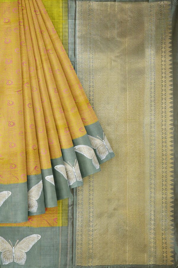 sri kumaran stores kanchipuram silk saree yellow saree with dark grey border 1
