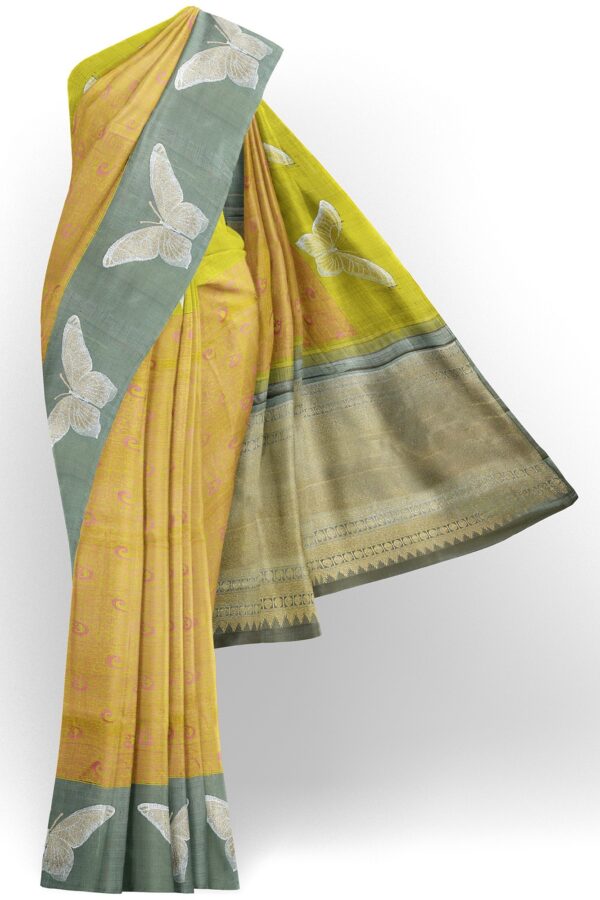 sri kumaran stores kanchipuram silk saree yellow saree with dark grey border 2