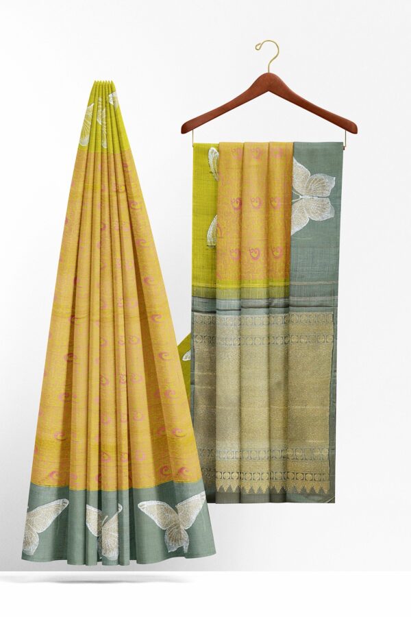 sri kumaran stores kanchipuram silk saree yellow saree with dark grey border 3