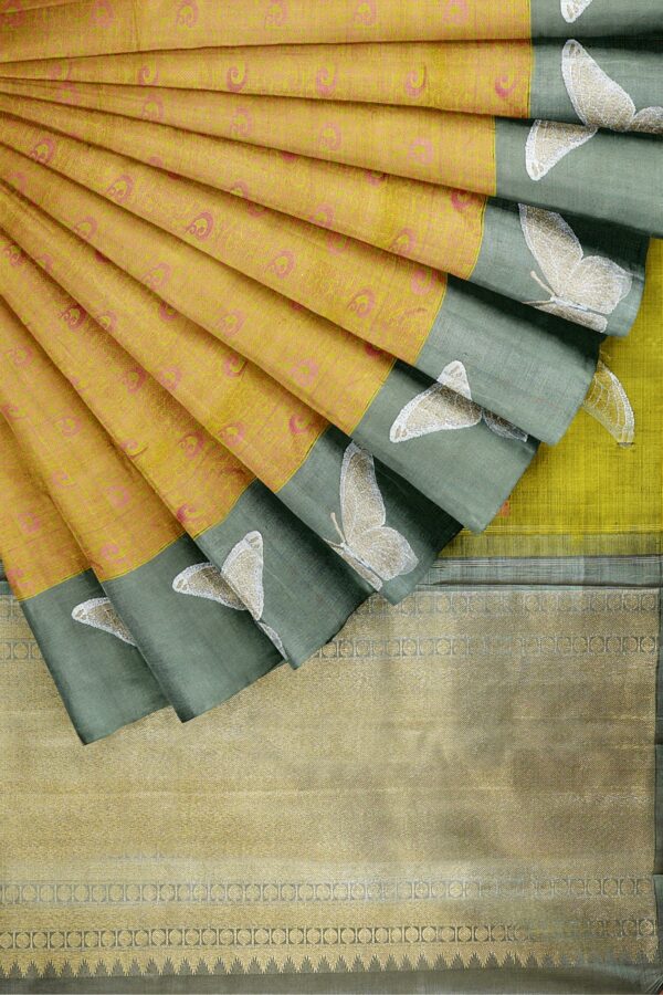 sri kumaran stores kanchipuram silk saree yellow saree with dark grey border 4