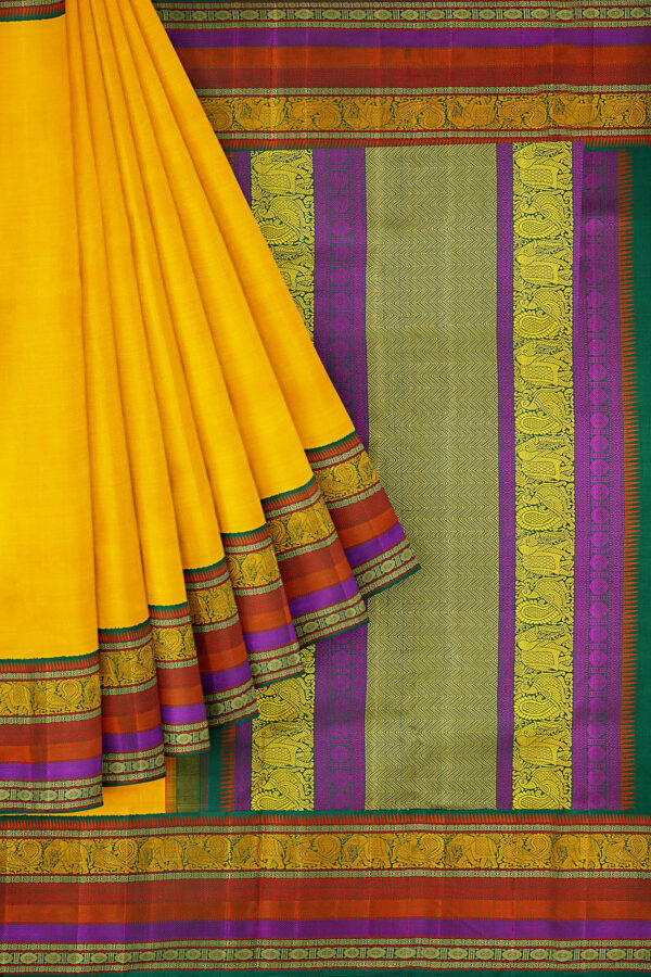 sri kumaran stores kanchipuram silk saree yellow saree with golden multicolour border 1