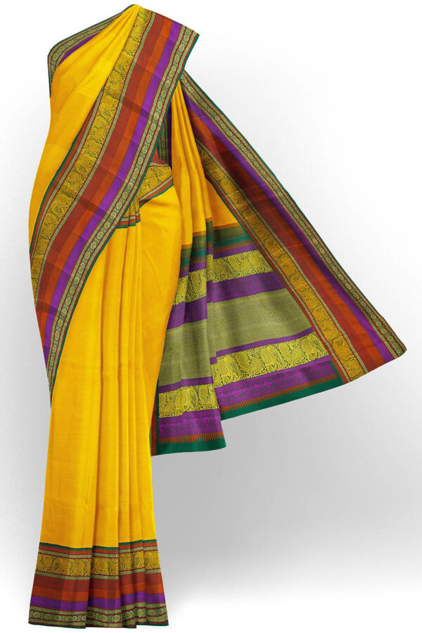 sri kumaran stores kanchipuram silk saree yellow saree with golden multicolour border 2