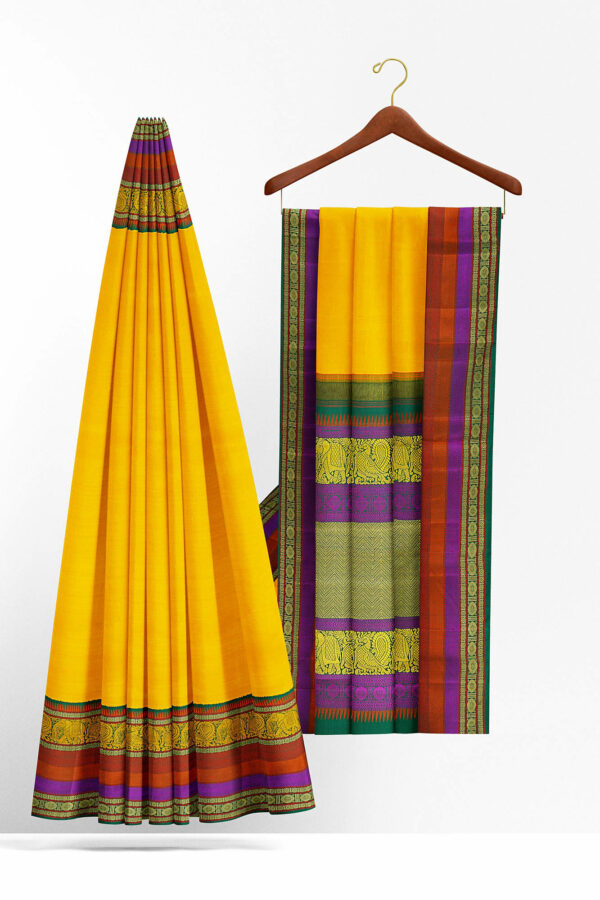 sri kumaran stores kanchipuram silk saree yellow saree with golden multicolour border 3