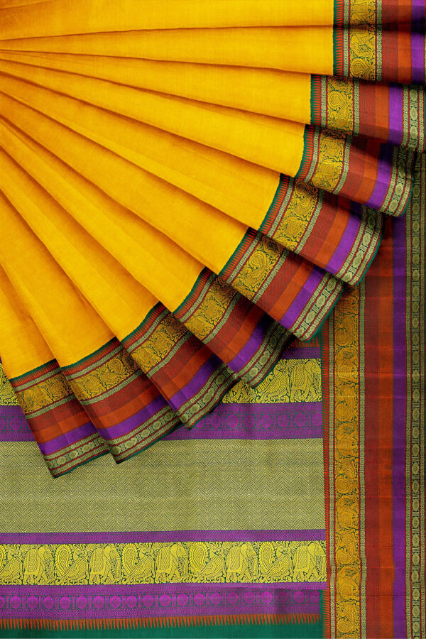 sri kumaran stores kanchipuram silk saree yellow saree with golden multicolour border 4