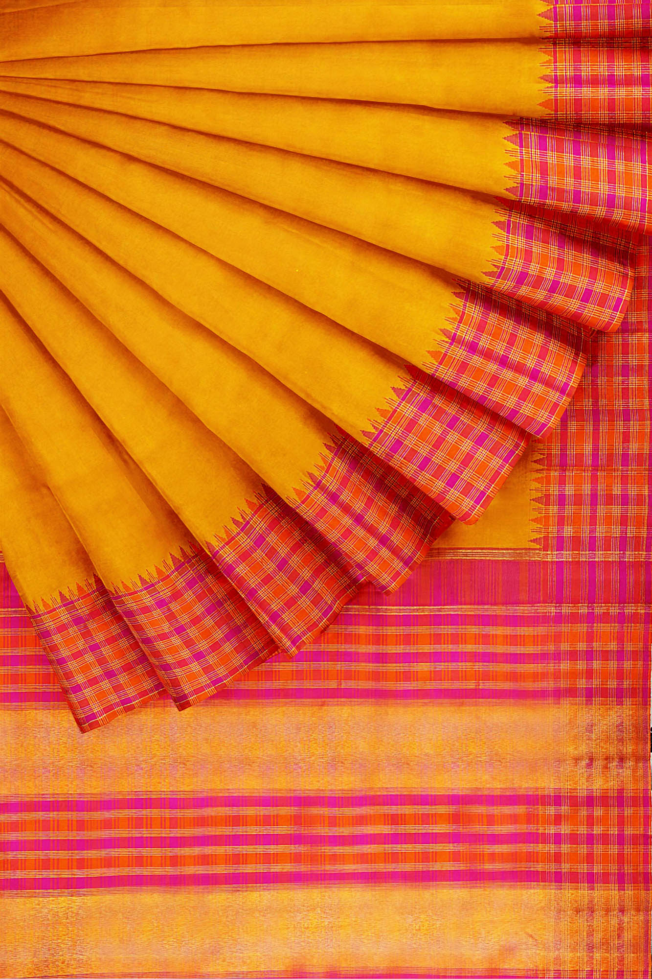 sri kumaran stores kanchipuram silk saree yellow saree with golden red orange border 4