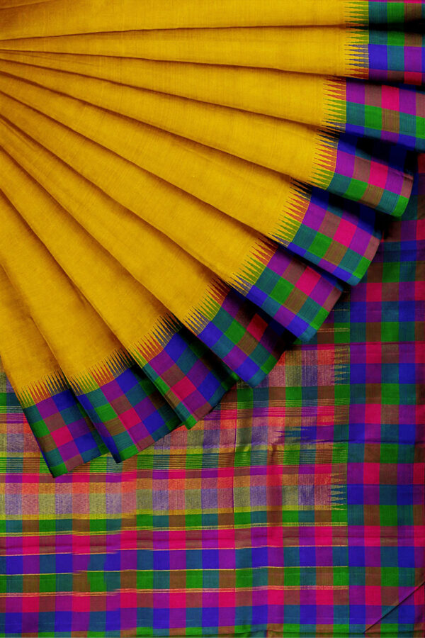 sri kumaran stores kanchipuram silk saree yellow saree with multicolour border 4