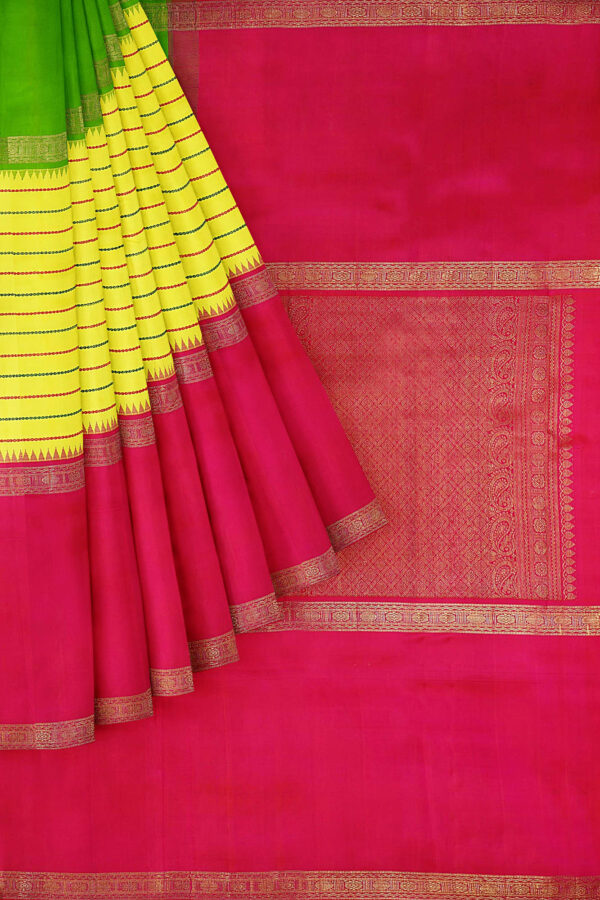 sri kumaran stores kanchipuram silk saree yellow saree with red green border 1